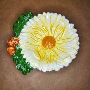 Ceramic Yellow Daisy Sunflower Trinket Dish Bowl Floral Flower Decor Vintage 6.5